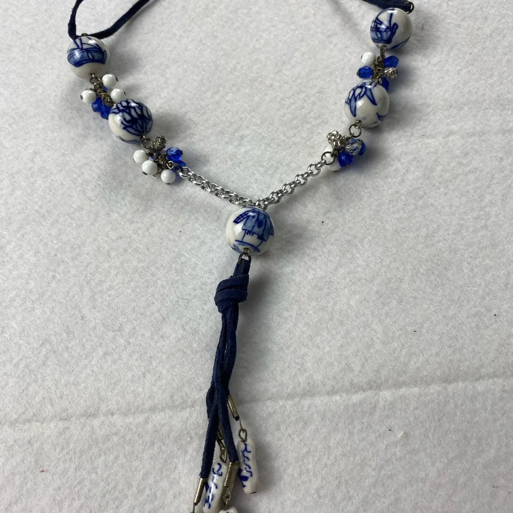 Elegant Blue & White Porcelain Chinoiserie Beaded Tassel Necklace Suede Cord 18”